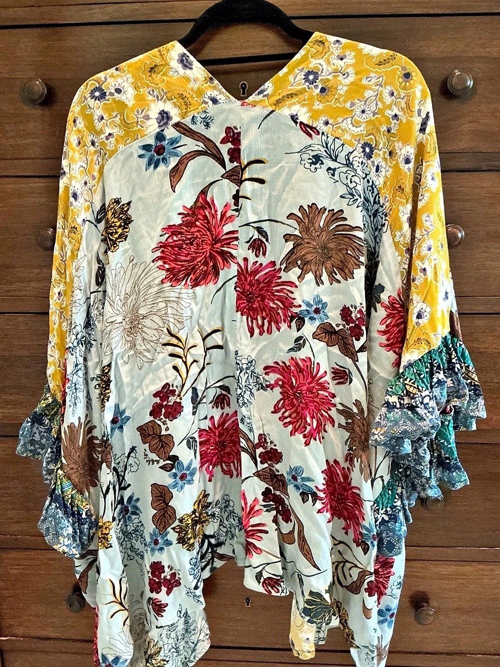 Umgee Floral Mixed Print Ruffle Kimono Cardigan Yellow & Blue Medium